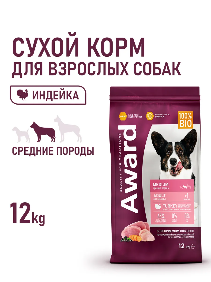 Сухой корм для собак средних пород с индейкой и курицей 12кг